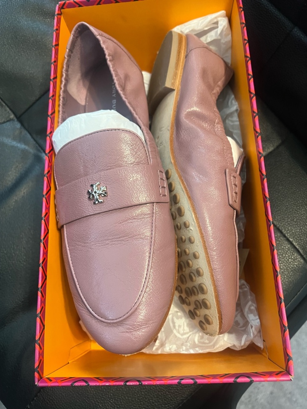 Tory Burch Pink Leather Penny Loafers with Silver Accent